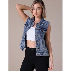 Women's Dark Denim Vest Button Down Jacket With Chest Flap Pockets